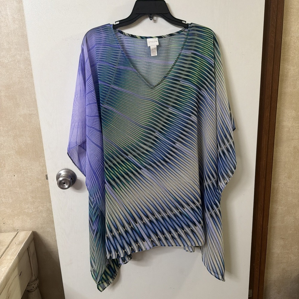 Chico's S/M Abstract Stripe Poncho Blouse Purple Blue Green V-Neck Flowy Top